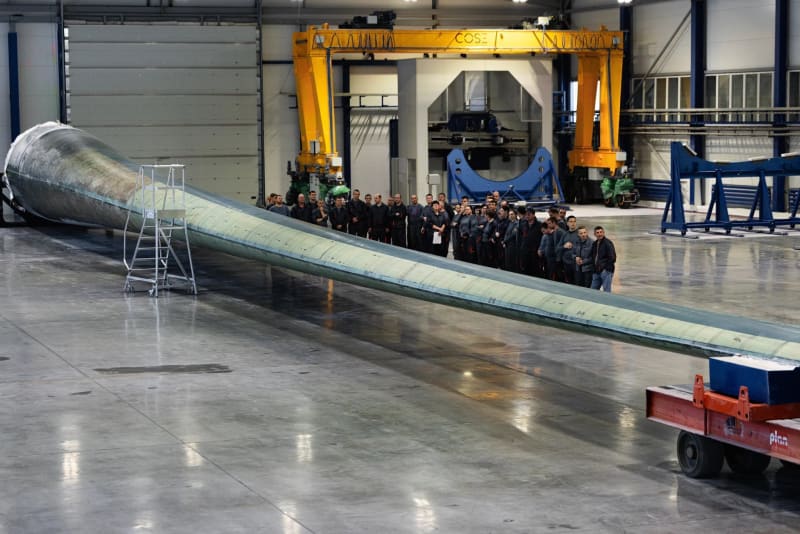 Massive 75-meter wind turbine blade marked "Made in Ukraine" in Ukrainian manufacturing facility
