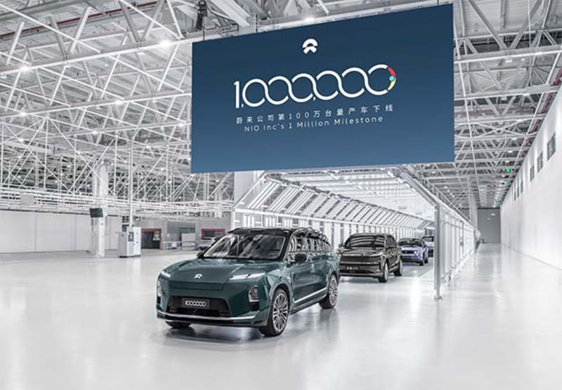 Green NIO ES8 electric SUV on production line at factory in Hefei, China