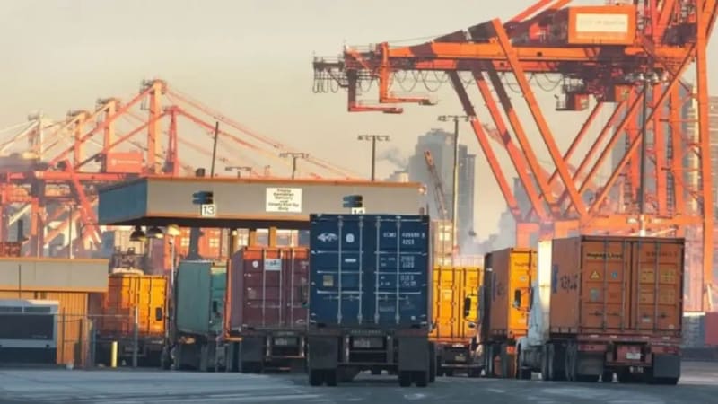 Aerial view of Buenos Aires port with cargo ships and containers representing Argentina's trade surplus