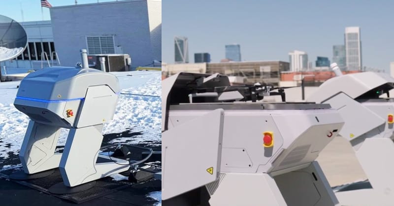 Automated drone launch station with quadcopter deployed for emergency response in Dearborn, Michigan