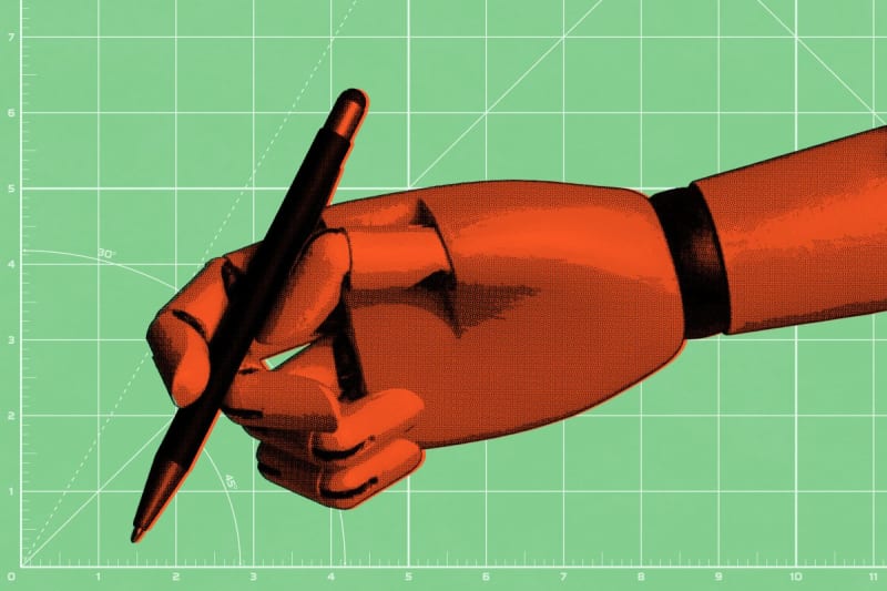 ** Robotic arm holding pen writing on paper card to simulate handwritten letter