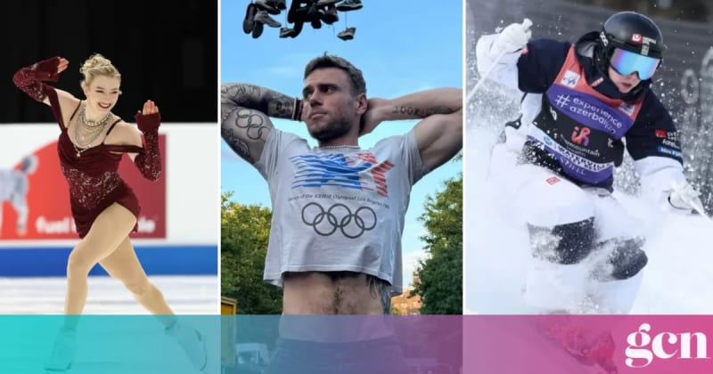 Athletes celebrating with Olympic rings and pride flags at Milano Cortina 2026 Winter Games