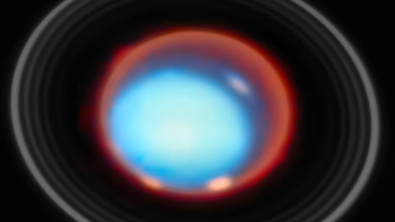 Webb Space Telescope collage showing Uranus with glowing auroral bands near its poles