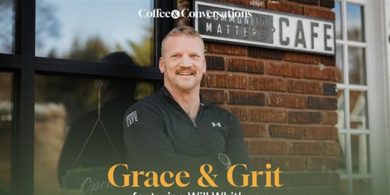 Will Whitlow smiling during Coffee and Conversations interview at Community Matters Cafe in Charlotte