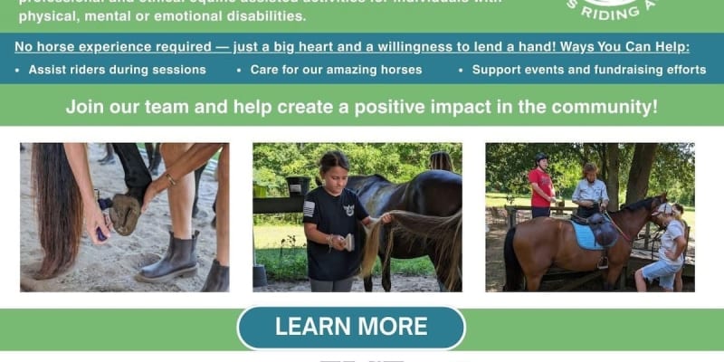 Volunteer helping a smiling rider on horseback during a therapeutic riding session at an outdoor equestrian facility