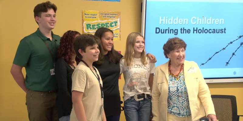 Ninety-eight-year-old Holocaust survivor Ginette Hersh speaking to middle school students in Sarasota, Florida