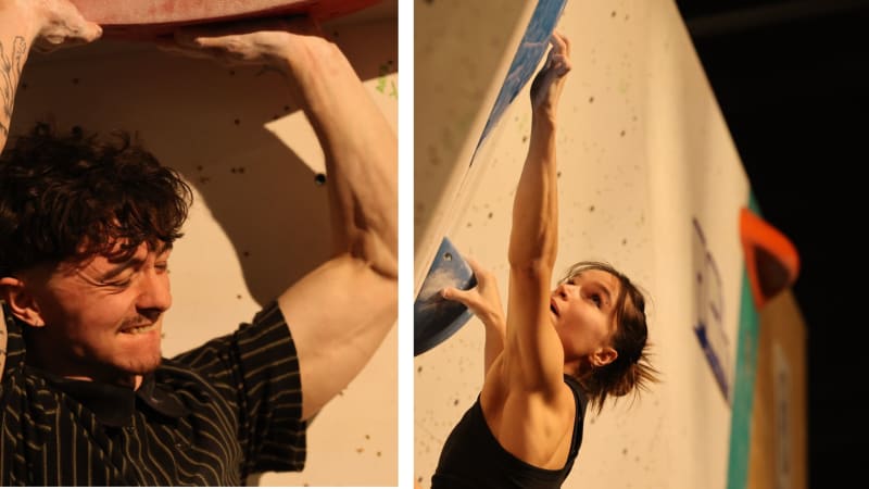 Professional climbers competing side by side on indoor climbing walls at London championship event