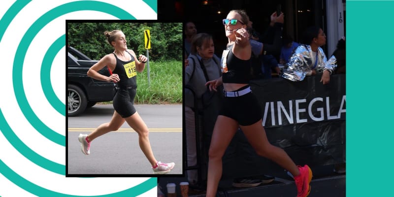 Female runner on outdoor trail wearing stopwatch instead of smartwatch, smiling freely