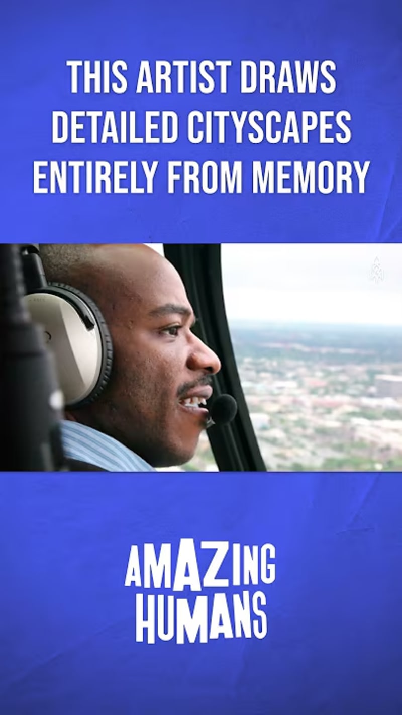 Stephen Wiltshire drawing detailed cityscape from memory at large canvas