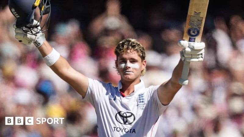 Young cricketer Jacob Bethell celebrating his maiden Test century at Sydney Cricket Ground with bat raised triumphantly