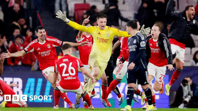 Benfica goalkeeper Anatoly Trubin celebrating after scoring dramatic last-minute header against Real Madrid