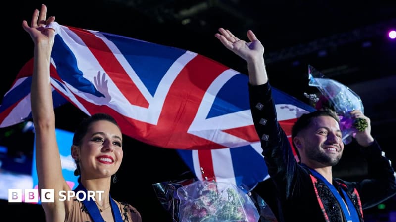 British ice dancers Lilah Fear and Lewis Gibson performing in matching sparkly costumes at European Championships