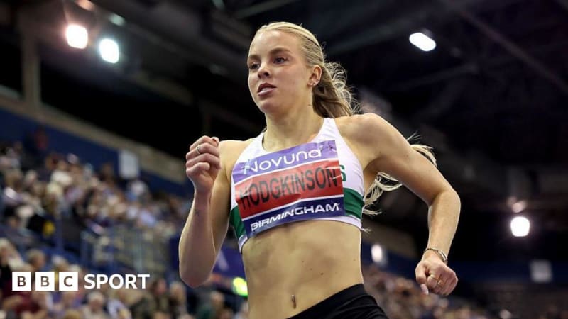 Keely Hodgkinson celebrating after breaking British 800m record in Birmingham indoor championship