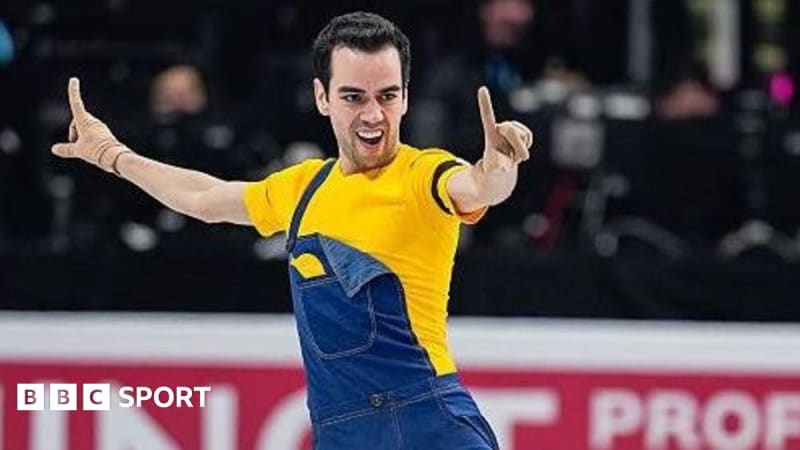 Spanish figure skater Tomas-Llorenc Guarino Sabate performing in yellow shirt and blue overalls like Minions characters