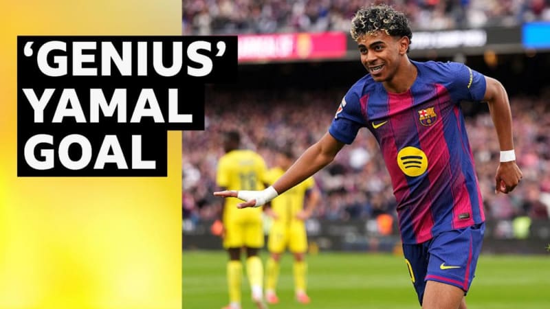 Young Barcelona player Lamine Yamal celebrating after scoring goal against Villarreal in La Liga match