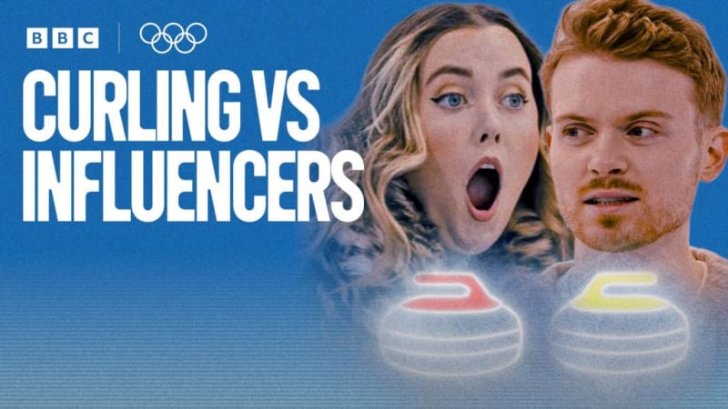 Social media influencers learning curling techniques from Team GB Olympic champions on indoor ice rink