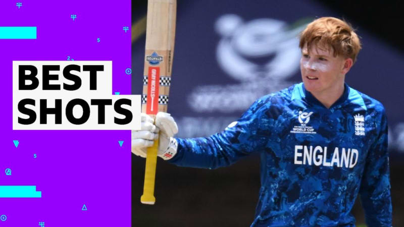 Young cricket player Thomas Rew celebrating century for England Under-19 team during World Cup semi-final