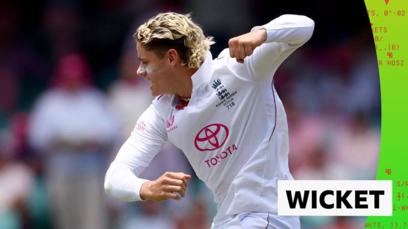 Jacob Bethell celebrating with England teammates after claiming his first Ashes wicket at Sydney Cricket Ground