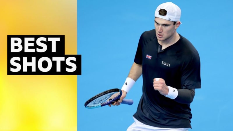 British tennis player Jack Draper celebrating victory on court in Davis Cup match
