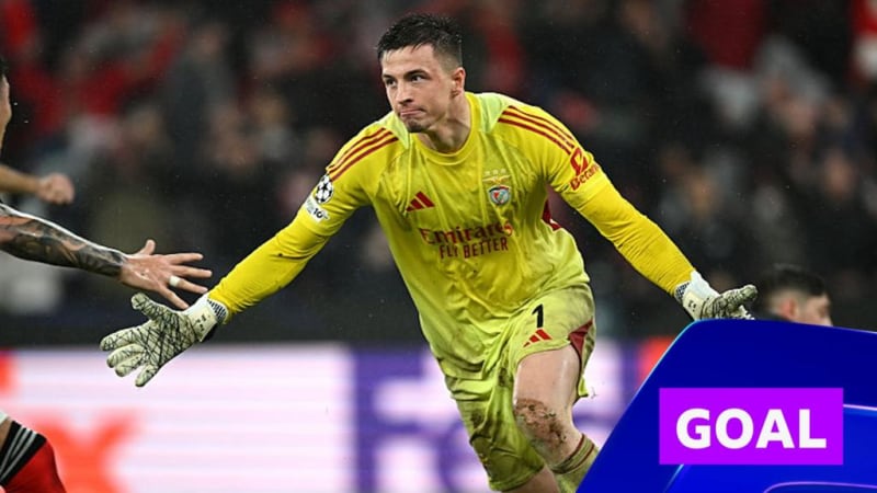 Benfica goalkeeper Anatoliy Trubin celebrating after scoring dramatic stoppage time goal against Real Madrid
