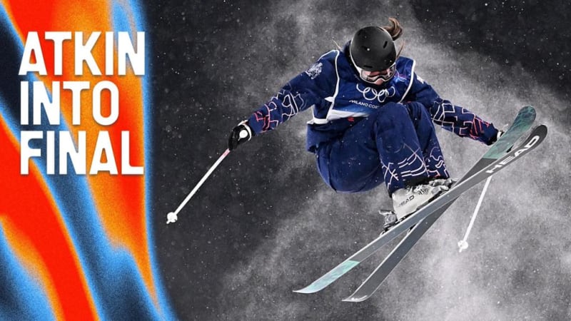 British freeskier Zoe Atkin performing aerial tricks in the Olympic halfpipe competition