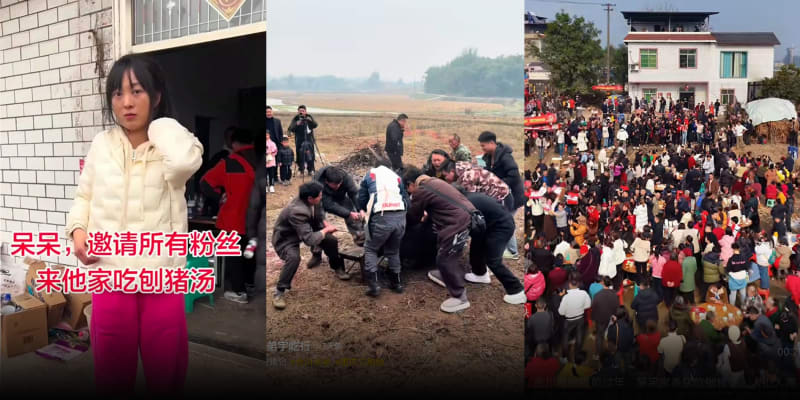 Large crowd gathering in front of rural Chinese home during traditional pig slaughter feast celebration