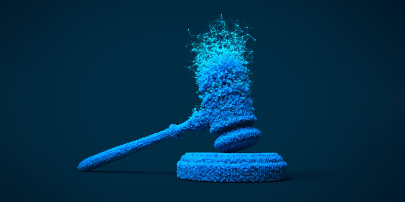 Gavel resting on legal documents beside a glowing AI chip or circuit board