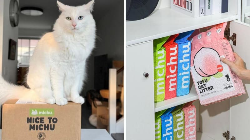 Bags of Michu tofu-based cat litter displayed showing eco-friendly plant-based formula