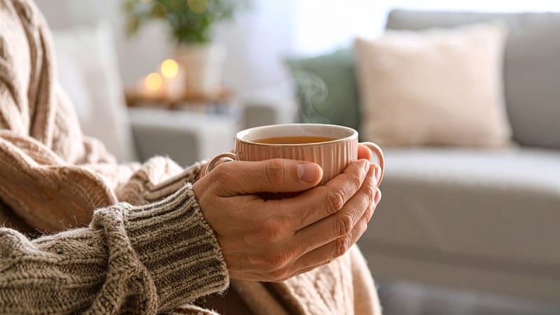 Steaming cup of tea with lemon and honey on cozy winter blanket