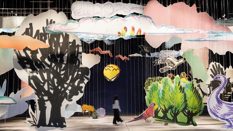 Contemporary art installation in warehouse space at Diriyah Biennale in Saudi Arabia