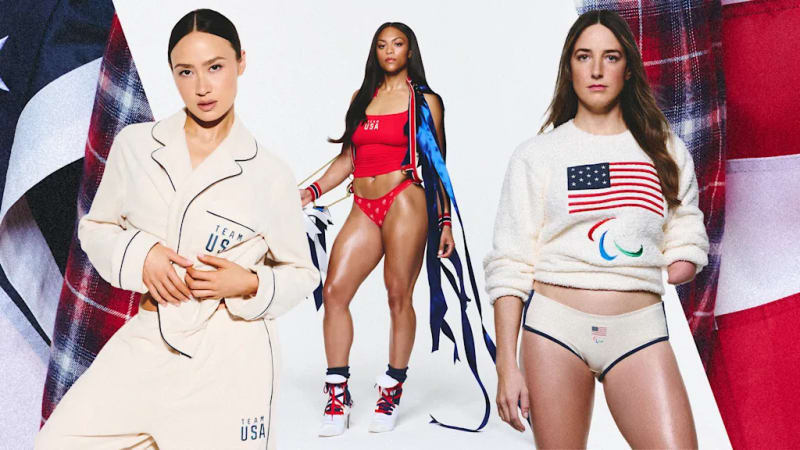 Three smiling Team USA athletes modeling comfortable Skims athletic loungewear with patriotic American styling and branding.