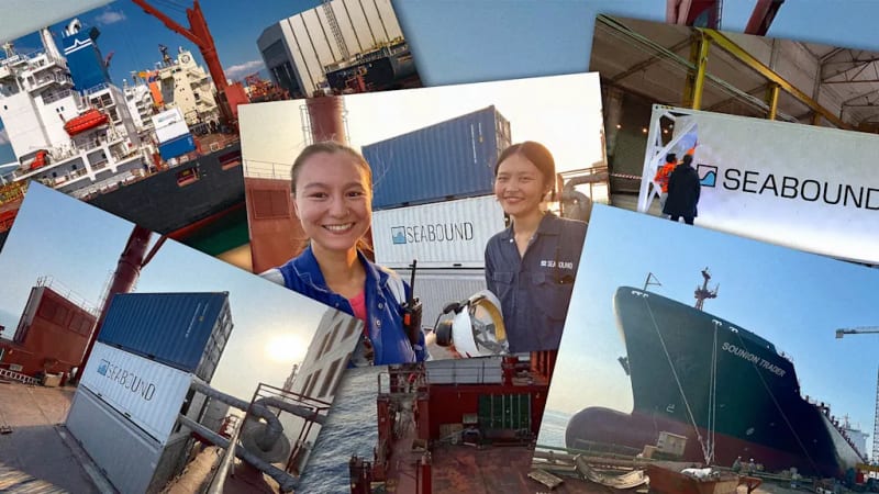 White modular shipping containers with Seabound technology capturing carbon emissions from cargo ships