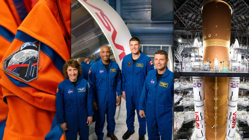 Four Artemis II astronauts in orange spacesuits standing before NASA's moon rocket