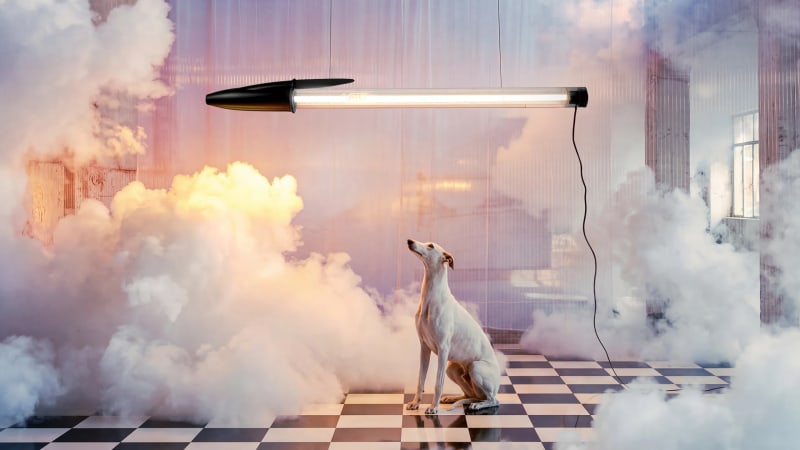 Giant transparent Bic Cristal pen lamp glowing with blue LED light inside clear plastic body