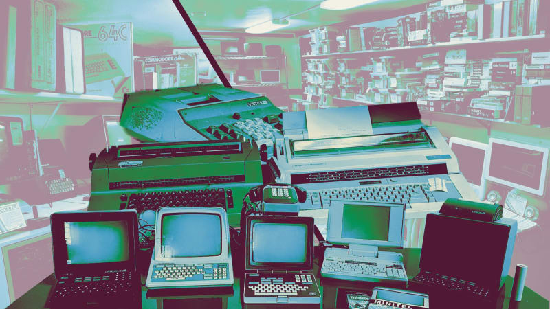 College student using vintage Apple computer with floppy disk drive in university retrocomputing lab