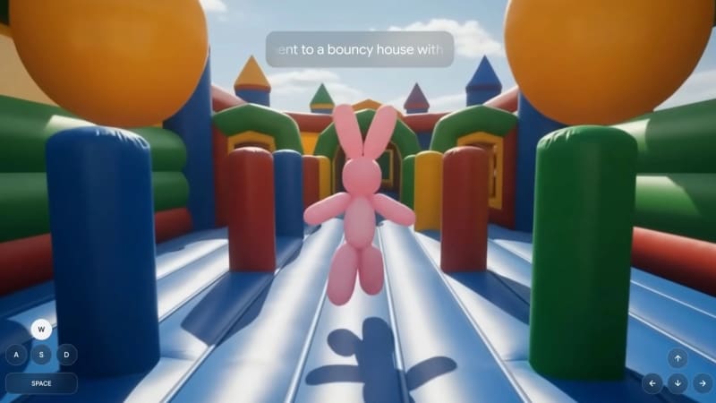 Person using laptop with colorful virtual game world appearing on screen generated by AI