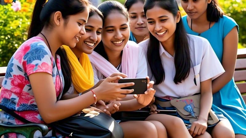 ** Happy Indian students in government school uniforms celebrating their JEE Main exam success in Punjab