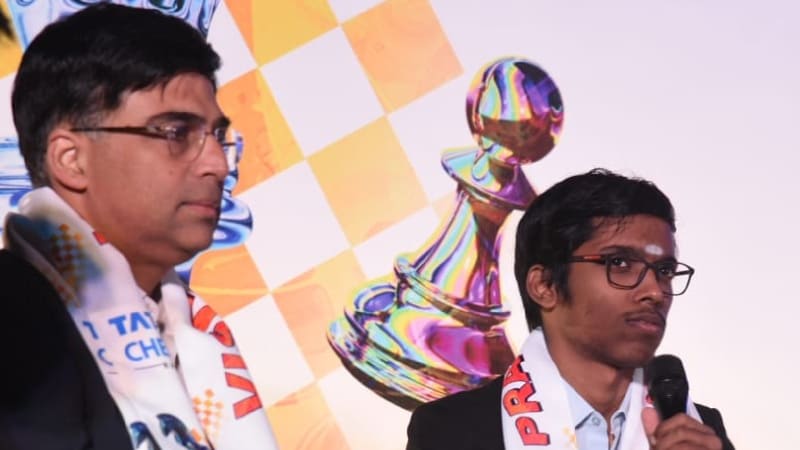 Chess legend Viswanathan Anand and young grandmaster R Praggnanandhaa together at Tata Steel Chess India tournament