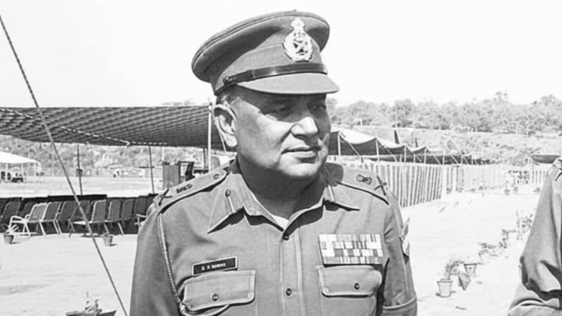 Lt Gen Srinivas Kumar Sinha in military uniform, exemplifying distinguished leadership and scholarly wisdom throughout his remarkable career