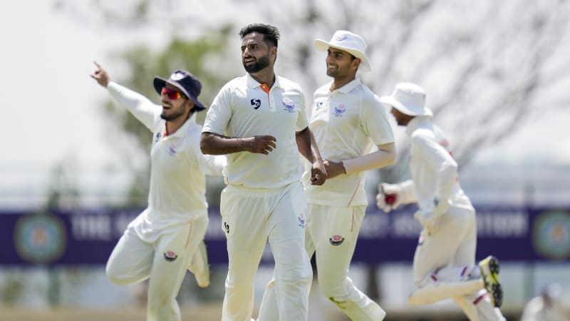 Auqib Nabi bowling for Jammu and Kashmir during Ranji Trophy final victory celebration