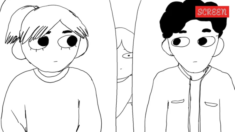 Black and white hand-drawn animation still showing young boy Samuel from French animated series