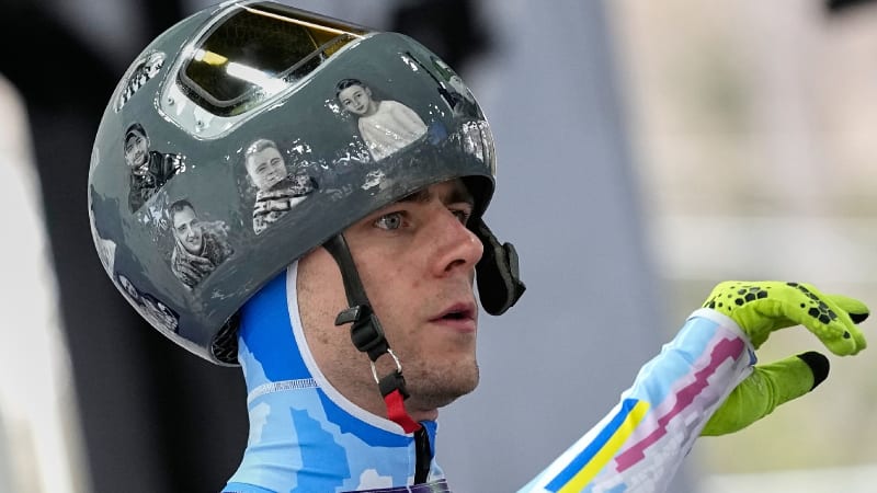 Ukrainian skeleton racer Vladyslav Heraskevych at the Winter Olympics sliding center in Cortina d'Ampezzo
