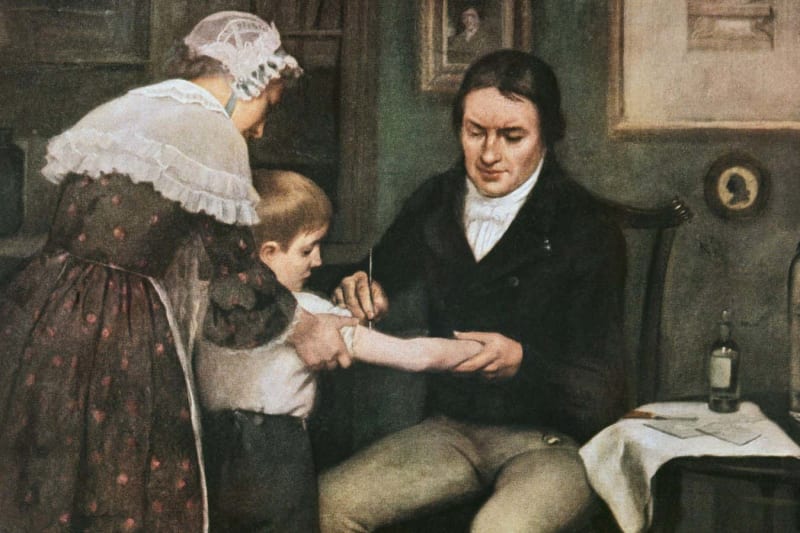 Historical illustration of early smallpox vaccination in 1796 showing medical breakthrough