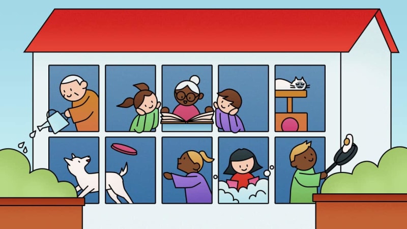 Three generations of an Australian family smiling together in their shared home living room