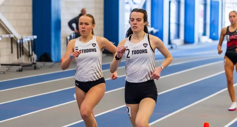 Riley Tate celebrates after breaking Purdue Fort Wayne's 1000-meter record during senior day track meet
