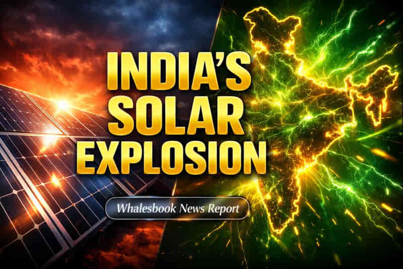 Solar panel arrays stretching across sunny landscape in India under clear blue sky