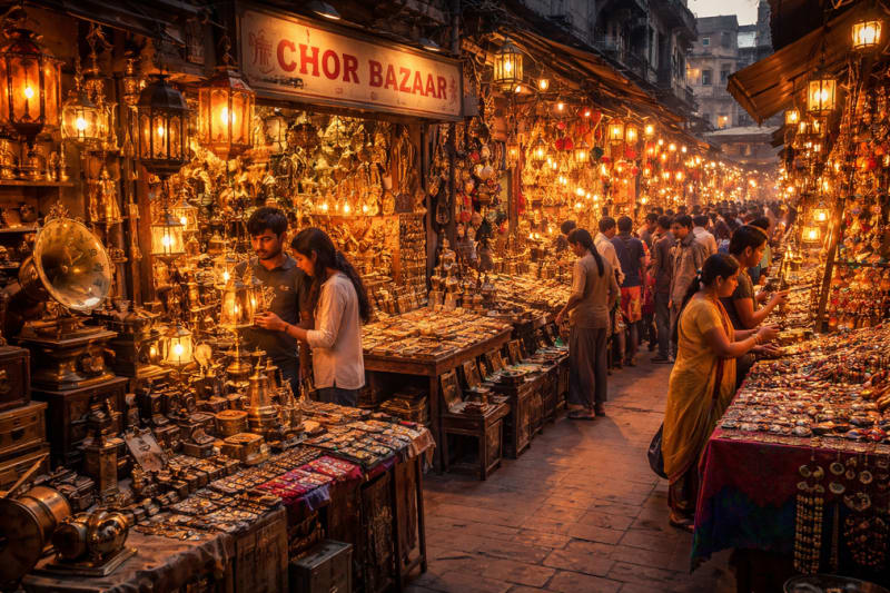 Vibrant Indian marketplace with colourful traditional goods, spices, and textiles displayed along historic narrow lanes filled with shoppers