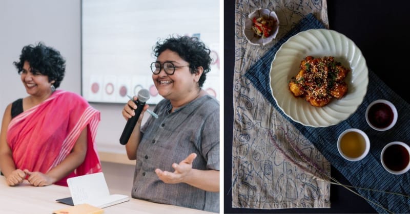 Two women standing together in a rustic Goa restaurant surrounded by jars of indigenous rice and traditional ingredients