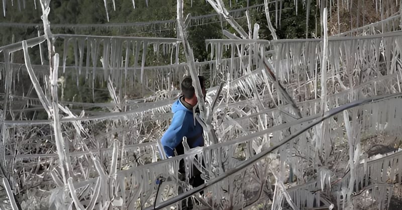 Apple orchard in Himachal Pradesh hills with farmers tending to fruit trees