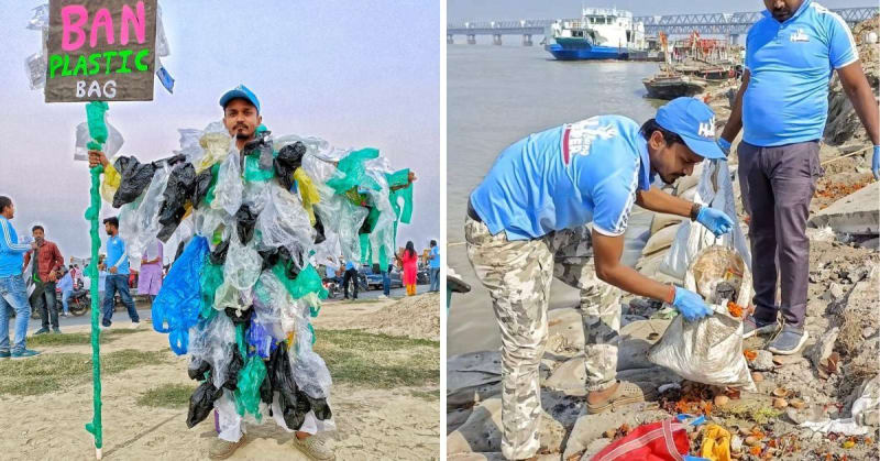Volunteers cleaning plastic waste from steps of Ganga river ghats in Patna, Bihar